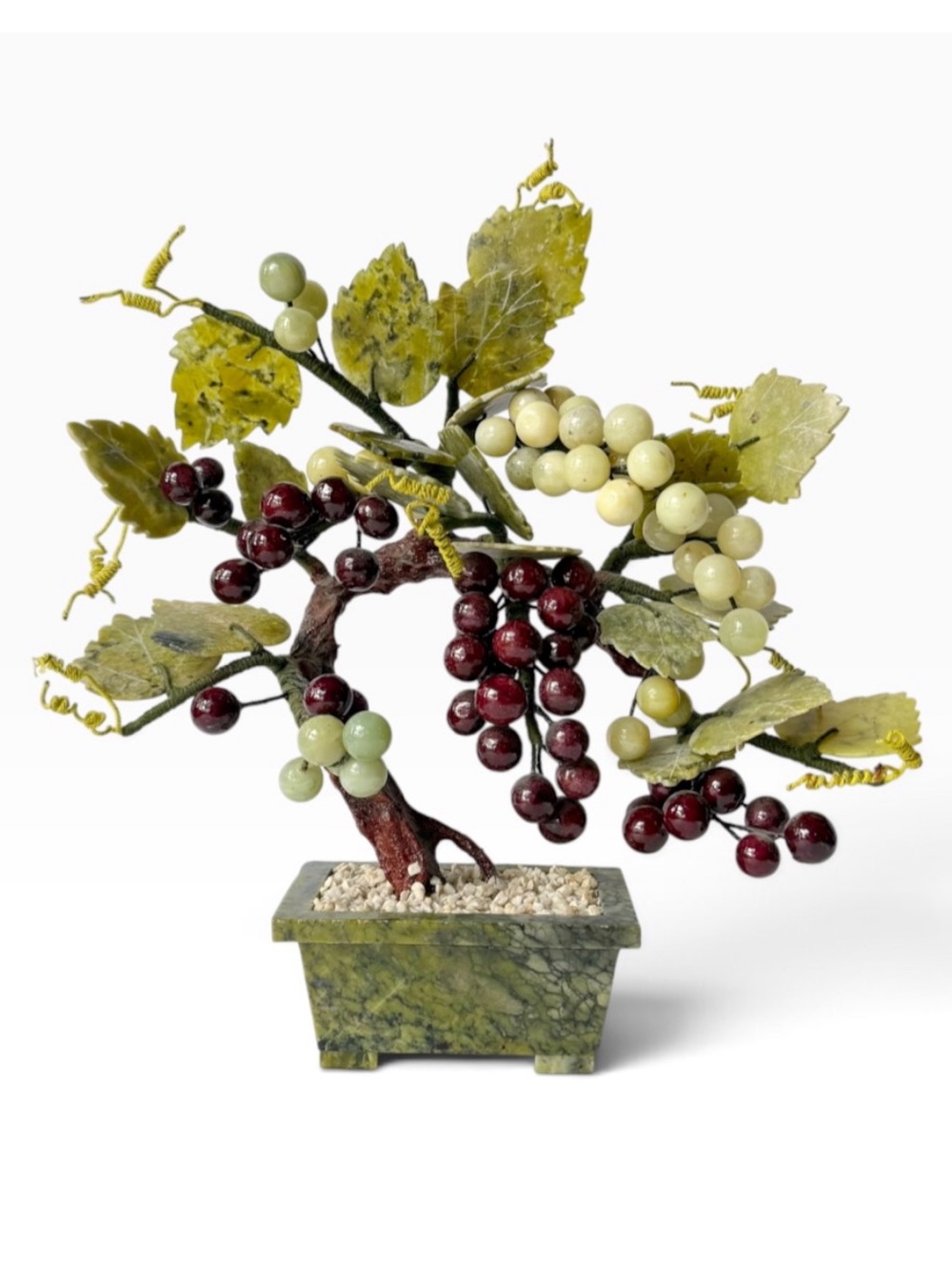 I’mVintage Jade Bonsai Tree Polished Stone Grapes Hand Carved Leaves in Planter